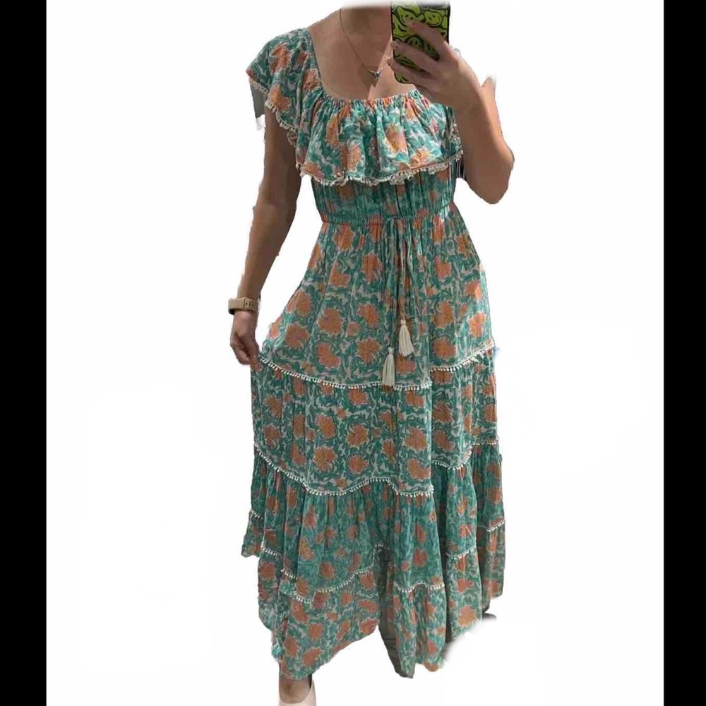 Miss June Paris Long Gardenia Dress Off The Shoulder Pompom Trim Floral One Size